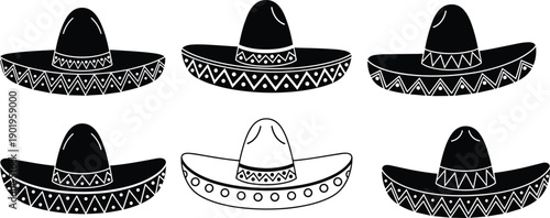 Mexican sombrero hat silhouettes collection with traditional decorative patterns, cultural headwear illustration isolated on white background for festival and design projects