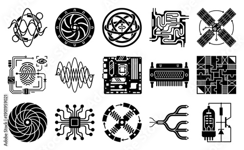 Minimalist Black and White Technology Graphics and Cybernetics Element Kit for Engineering Schematics