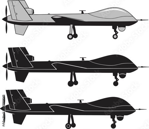 Military drone aircraft silhouettes collection showing unmanned aerial vehicle side views, modern defense aviation illustration isolated on white background