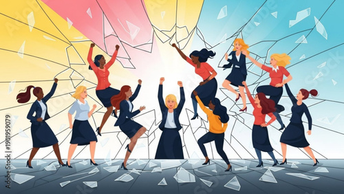 Diverse group of women breaking through glass ceiling shattering barriers empowerment equality freedom concept colorful illustration