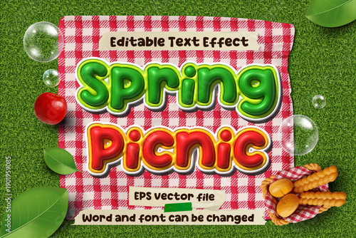 Spring picnic colorful inflated 3d editable vector text effect