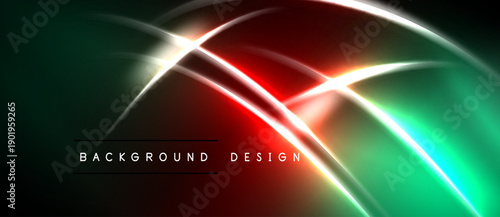 Abstract neon lines create dynamic background. Vivid green, red hues blend with black space. Modern design element.