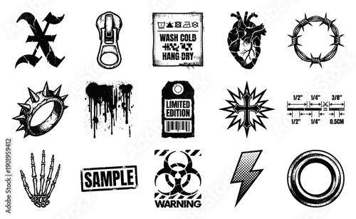 Grungy Streetwear Graphic Elements Asset Sheet for Edgy Y2K Urban Apparel and Subculture Design