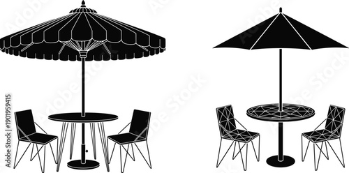 Outdoor cafe furniture silhouettes with table chairs and umbrella, patio dining set, modern black and white vector illustration
