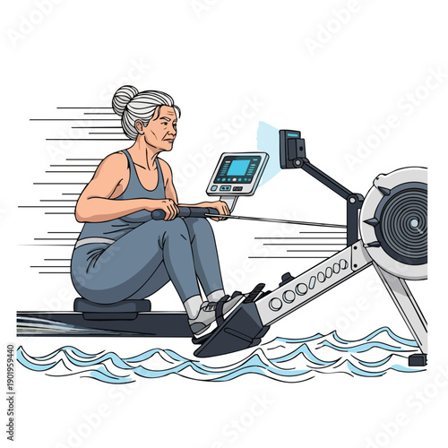 Elderly woman exercising on a rowing machine with determination.