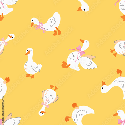 Seamless Pattern of Cute Geese with Pink Bows. Design for fabric, textiles, wallpaper, packaging	