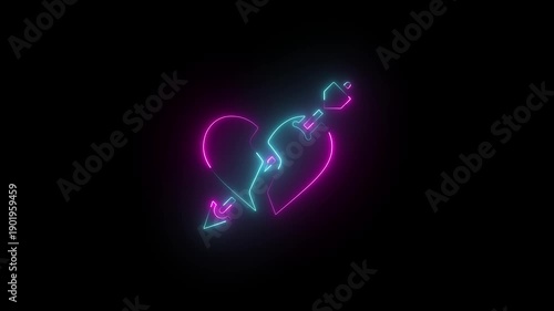 Neon glowing heart shape with vibrant pink and blue light effects on black background for love and technology themes