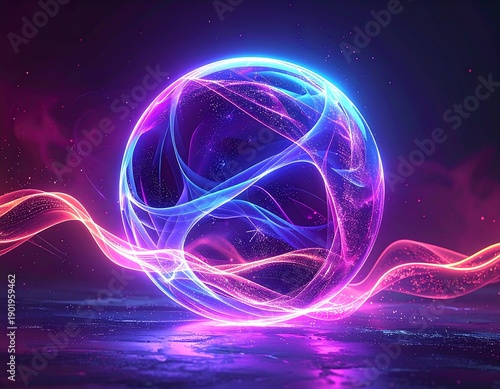 Glowing sphere surrounded by neon ribbons in a purple and pink universe