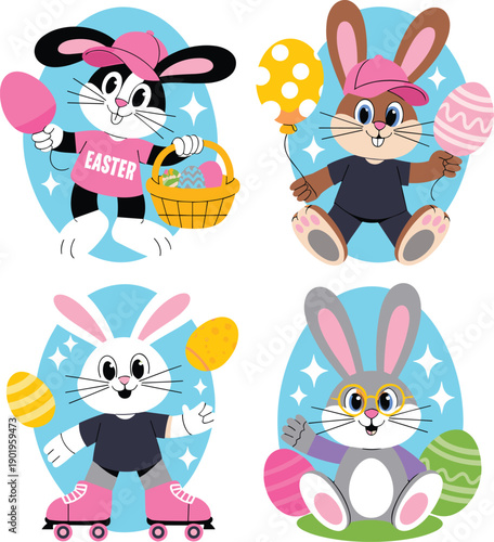 Cute Easter bunny characters collection with colorful eggs and baskets, flat vector illustration of festive rabbits on roller skates and holding balloons.