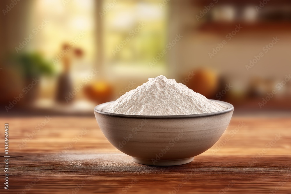 Fototapeta premium Bowl of white flour placed on wooden table with blurred kitchen background featuring soft lighting and decorative elements in a cozy home setting