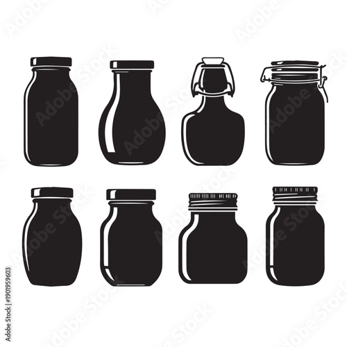 Set of Glass Jar Silhouettes in Black and White