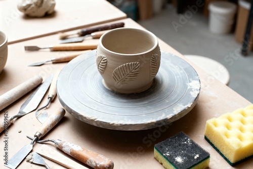 Handcrafted ceramic cup with leaf imprints on a pottery wheel surrounded by sculpting tools and materials in a workshop setting