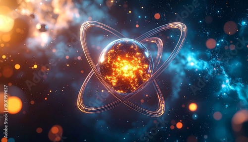 Glowing sphere surrounded by orbiting rings, nebulas in the background