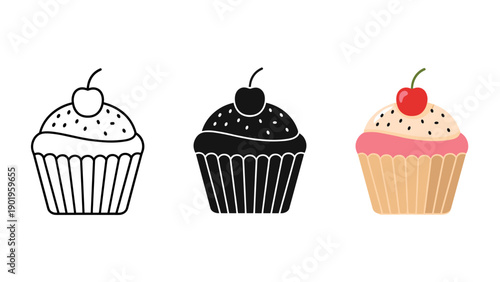 A set of three cupcakes with different frosting colors Vector
