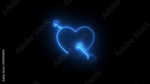 Glowing blue neon heart shape with electric light effect on black background for love romance and technology concept