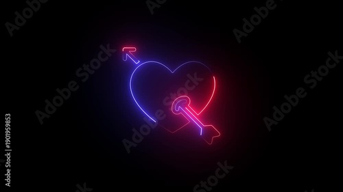 Neon glowing heart shape with vibrant pink and blue light trails on black background abstract digital art
