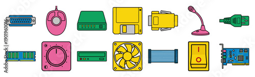 Flat Vector Retro Computer Hardware Graphic Set for Vintage Technology Education and Nostalgic Web Design