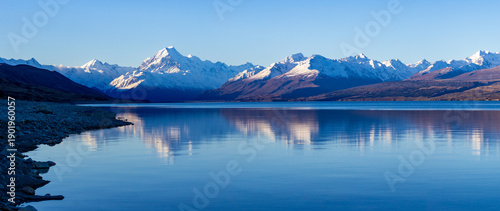 Reflection of Mt Cook on still lake, New Zealand, south island
