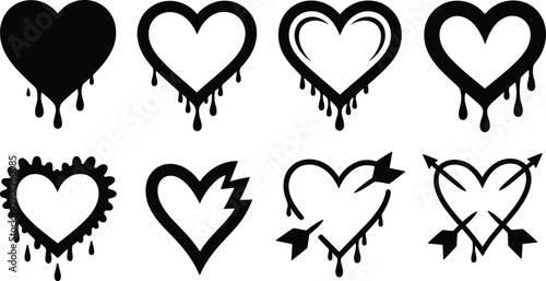 Black dripping heart silhouettes and arrow set, edgy stencil vector collection for Valentine Day, street art style romantic icons, gothic heart shapes.