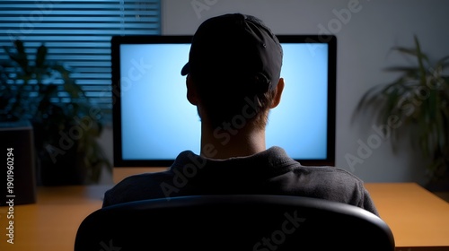 A person wearing a cap sits in front of a bright computer screen in a dimly lit room