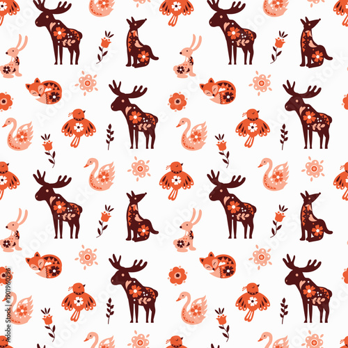 Folk Art Animals and Flowers Seamless Pattern. Scandinavian traditional motif