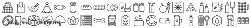 Grocery store and food products line icon set. Vector pictograms of bread, fish, meat, cans, snacks, vegetables, dairy, and household goods, thin outline illustration.