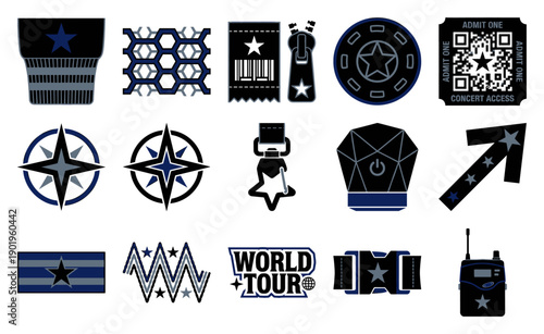 Flat Vector Music Tour Security and Event Element Kit for Concert Backstage Branding