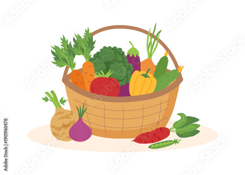Basket with vegetables isolated on white background. Healthy food, farming, thanksgiving, ecology, harvest concepts. Vector flat clipart.