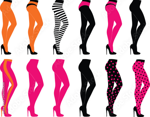 Women legs in high heels silhouette collection, colorful stockings and tights fashion set, modern pop art vector illustration
