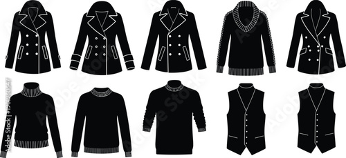 Women outerwear silhouettes collection including coats sweaters and vests, winter fashion clothing set, black and white vector illustration