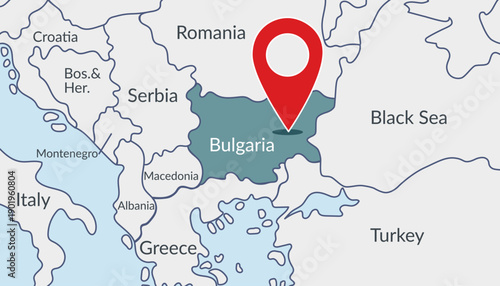 Bulgaria on the Europe map with pin location marker. Vector flat template.