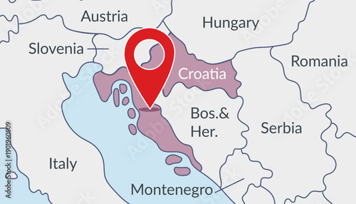 Croatia on the Europe map with pin location marker. Vector flat template.