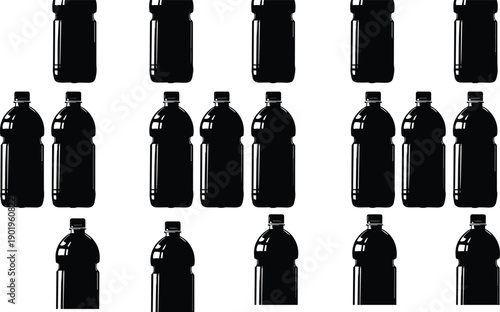 Black plastic bottle silhouettes arranged in pattern on white background, packaging mockup concept for beverage, cosmetic, pharmaceutical branding