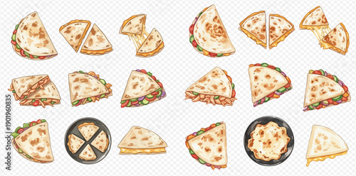 Set of delicious watercolor quesadillas with various fillings and cheese.