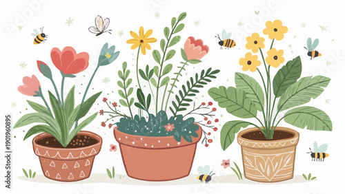 Vibrant potted flowers and buzzing bees in a lively garden scene