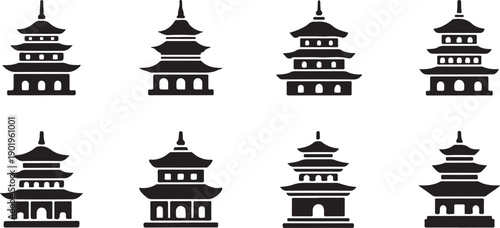 A collection of nine distinct traditional chinese pagoda structures