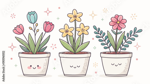 Cute cartoon potted plants with smiling faces and colorful flowers