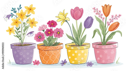 Vibrant potted flowers in colorful pots on a sunny day