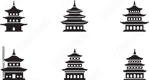 Seven distinct traditional pagoda structures with varying architectural designs