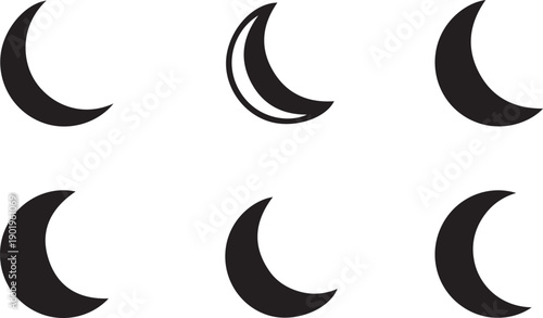 Six different phases of the moon illustrated in a simple black and white design.