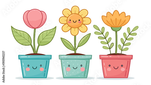 Cute cartoon flowers in colorful pots with smiling faces