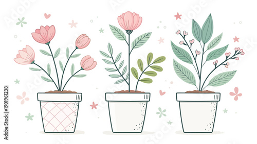 Charming potted flowers in modern planters with decorative leaves and hearts