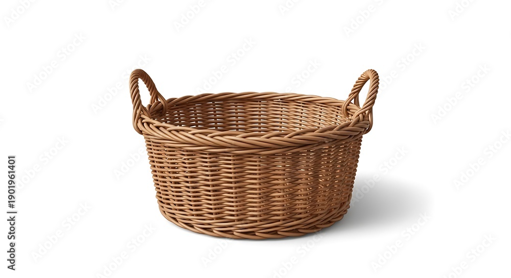 Obraz premium A round, woven, brown basket with two handles, casting a soft shadow on a white backdrop