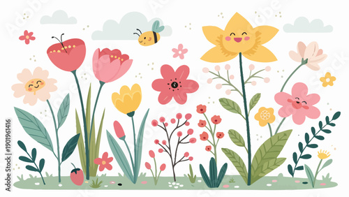 Vibrant cartoon flowers and happy bee in spring garden scene