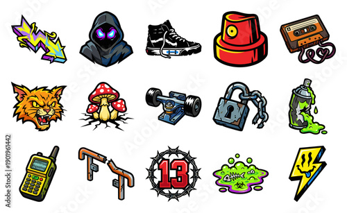 Gritty Streetwear Graffiti Sticker Pack Element Kit for Underground Urban Subculture Apparel