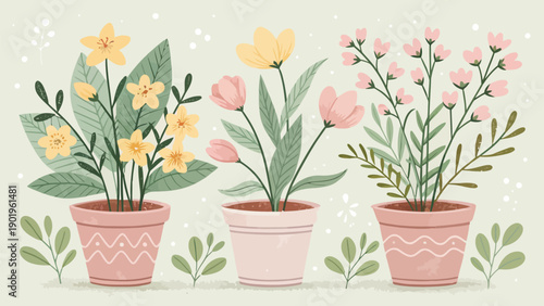 Vibrant potted flowers in modern pink planters for home decor