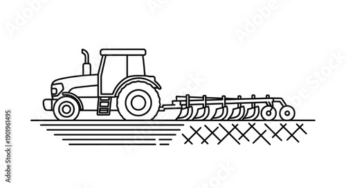 Agricultural Tractor Field Illustration depicts modern farming practices through a clean and structured visual style. The illustration highlights a tractor working on cultivated land, representing pro
