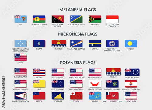 Flags of Oceania countries and territories. Flat vector set cliparts isolated.