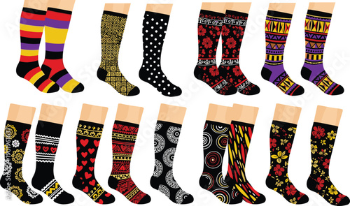 Colorful patterned socks collection with ethnic, floral and geometric designs, stylish fashion hosiery isolated on white background for apparel concepts