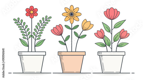 Colorful potted flowers in modern planters on a shelf